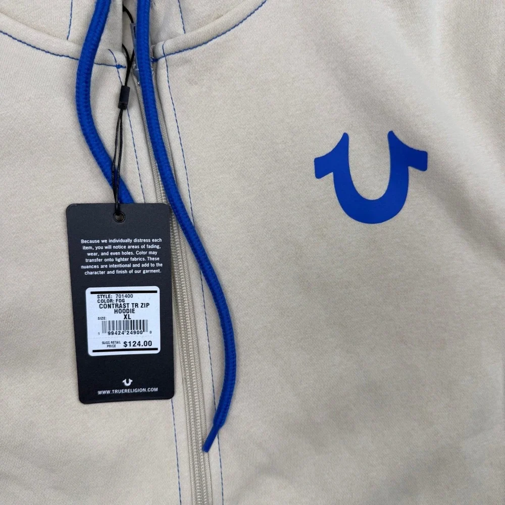True Religion Mens Contrast TR Zip Hoodie Fog Beige Blue Buddha Logo 701400 XL
